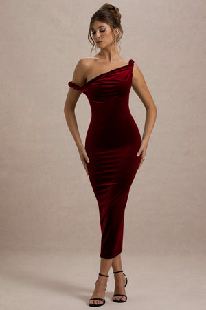 Carella | Vestido Midi Asimétrico Retorcido de Terciopelo en color burdeos