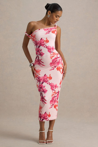 Tatian | Vestido midi entallado con escote asimétrico y estampado floral rosado