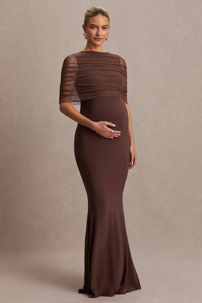 Zaria | Vestido Largo Marrón con Escote Redondo y Capa Superpuesta