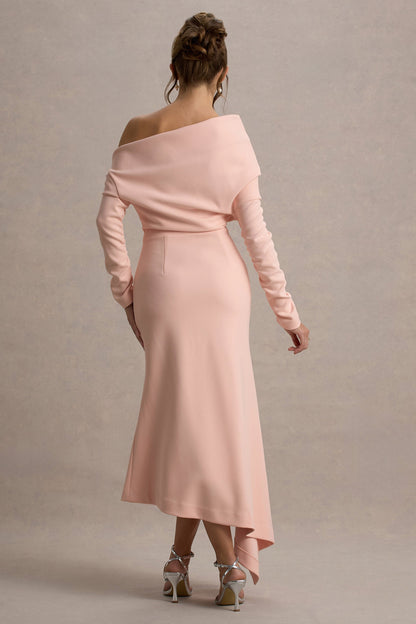 Lou | Vestido largo rosa con mangas largas y dobladillo asimétrico