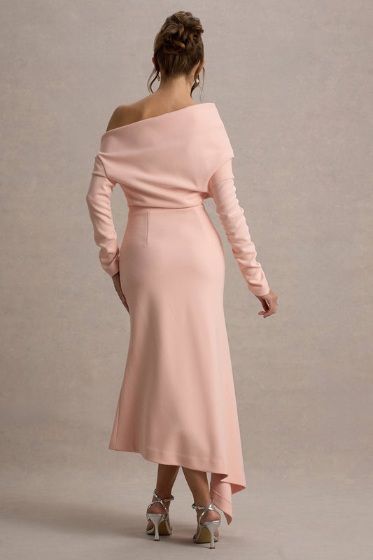 Lou | Vestido largo rosa con mangas largas y dobladillo asimétrico