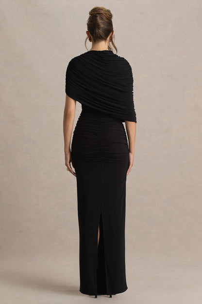 Glitz | Vestido largo en Negro con Escote Alto, Manga Capa y Detalle Fruncido