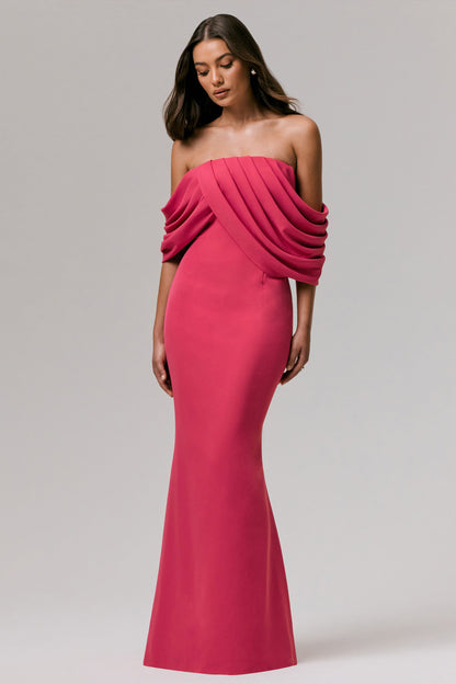 Serene | Vestido Largo Bardot drapeado en rosa intenso