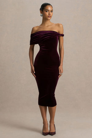 Billie | Vestido Midi de Terciopelo Burdeos con Escote Bardot y Manga Retorcida