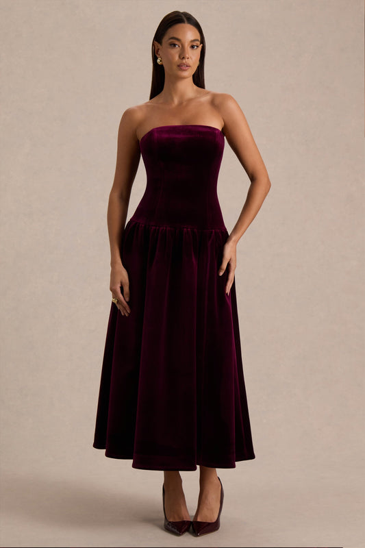 Violetta | Vestido Midi Burdeos de Cuello Bandeau, Cintura Caída y Falda Plisada