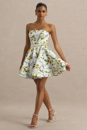 Valerian | Vestido corto Blanco con Estampado floral y Escote Bandeau con Bajo con Volantes