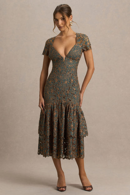 Sabrina | Vestido Midi Bordado en Verde Oscuro y Óxido con Escote Pronunciado
