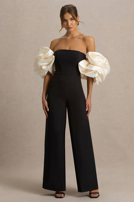 Panama | Mono Negro Con Escote Bardot y Mangas Abullonadas en Crema