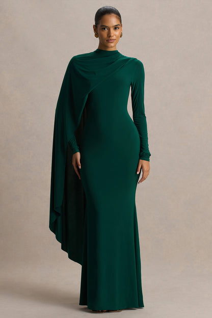 Always | Vestido Largo Verde Botella con Escote Alto y Detalle de Manga Capa