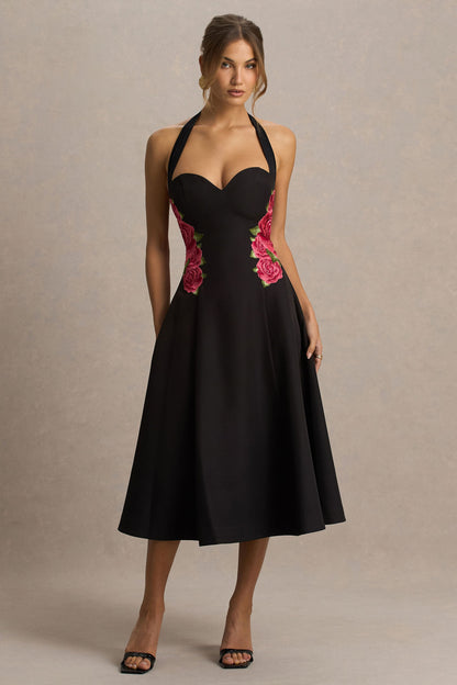 Tillie | Vestido Midi Negro con Escote Halter