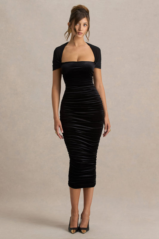 Chrissy | Vestido Midi de Terciopelo Negro con Escote Cuadrado Mangas de Malla y Detalles Fruncidos