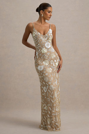 Gecorto | Vestido largo con Tirantes finos y Estampado Floral Embellecido de lentejuelas