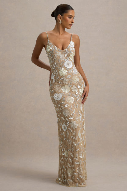 Gecorto | Vestido largo con Tirantes finos y Estampado Floral Embellecido de lentejuelas