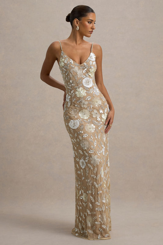 Gecorto | Vestido largo con Tirantes finos y Estampado Floral Embellecido de lentejuelas