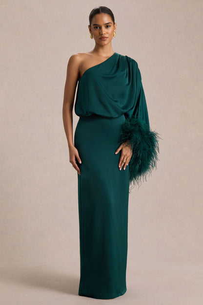 Felicity | Vestido Largo Verde Azulado de Satén con Escote Asimétrico, Plumas y Detalles Fruncidos