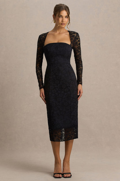 Alissa | Vestido midi de encaje negro con escote cuadrado
