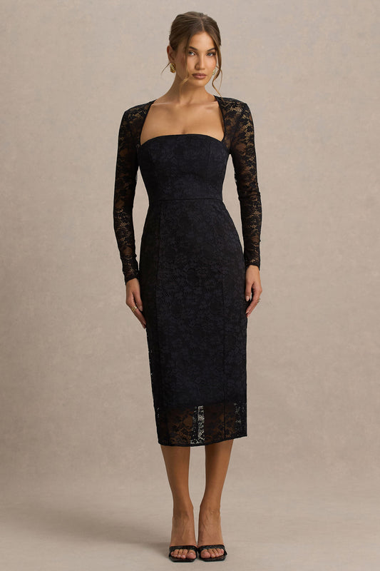 Alissa | Vestido midi de encaje negro con escote cuadrado