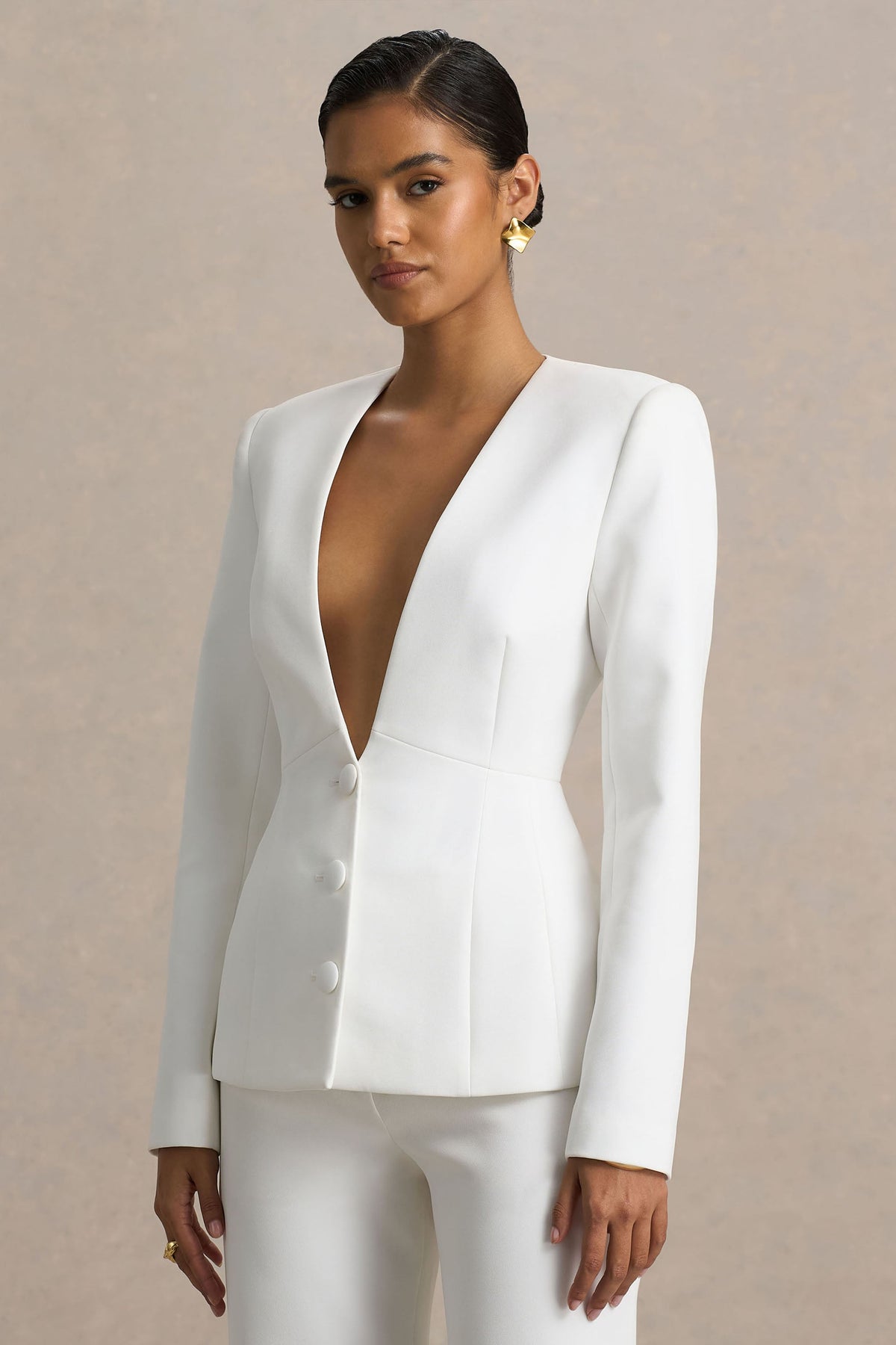 Rosalina | Blazer Blanco Entallado con Escote Profundo Extremo