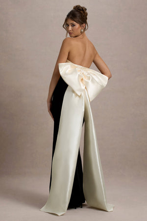 Take A Bow | Vestido largo de terciopelo en negro y lazada en color crema