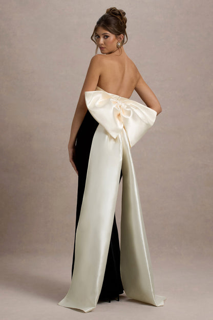 Take A Bow | Vestido largo de terciopelo en negro y lazada en color crema