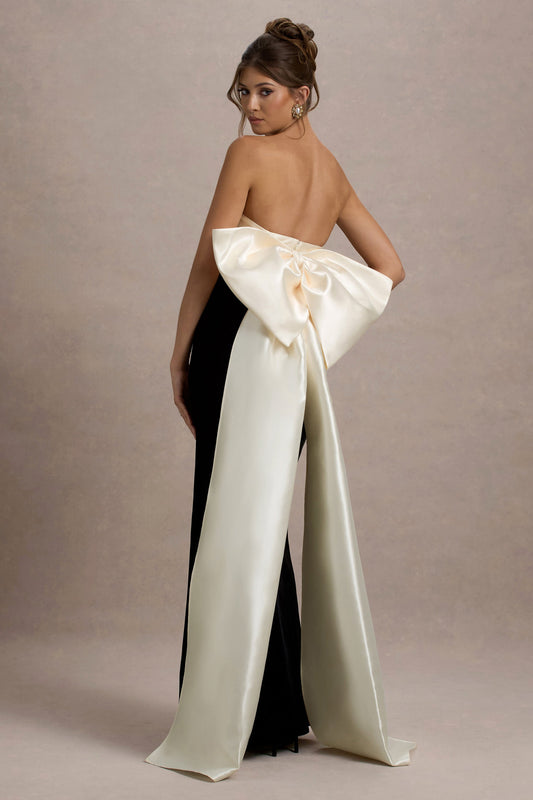 Take A Bow | Vestido largo de terciopelo en negro y lazada en color crema