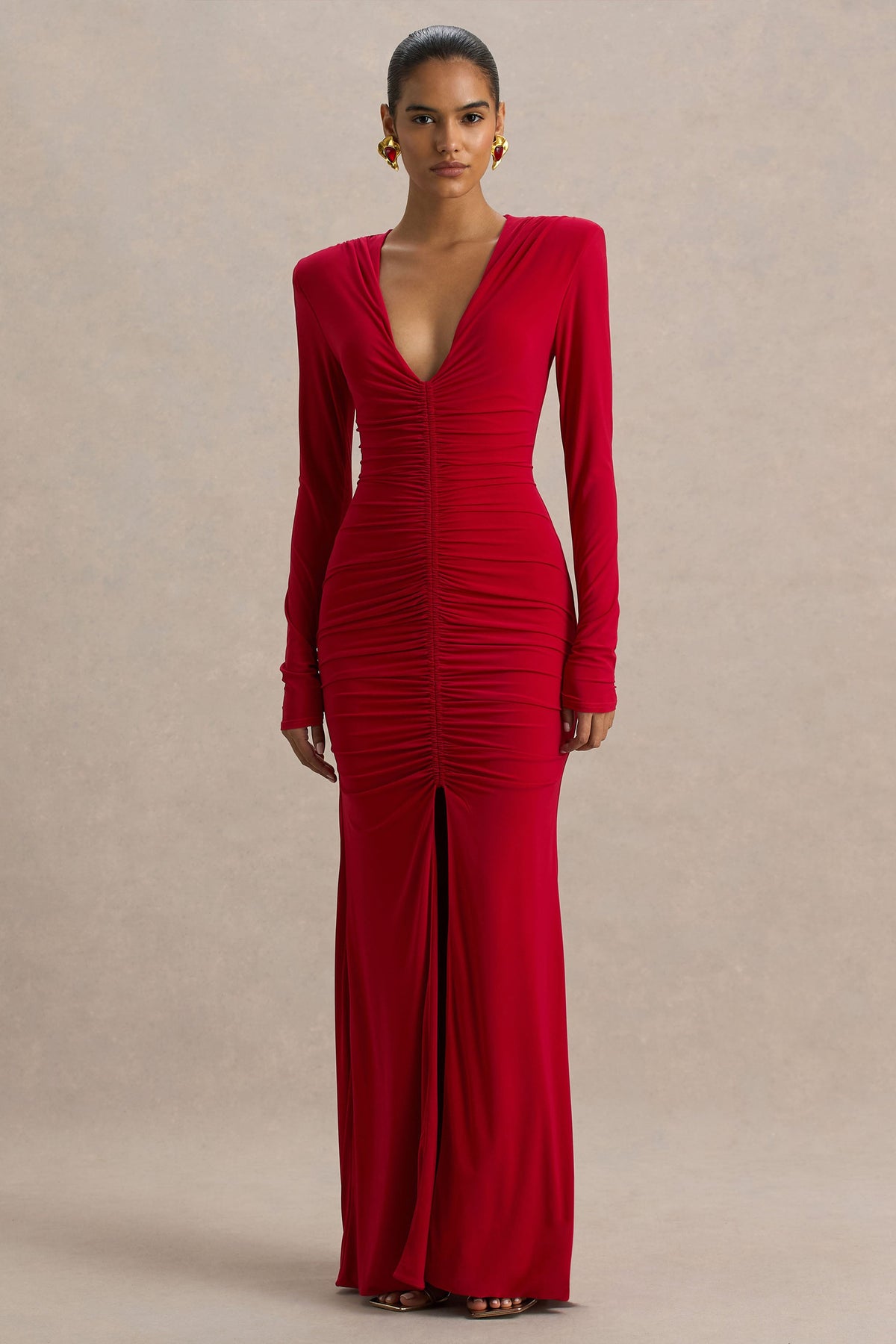 Jewel | Vestido Largo Rojo con Escote Pronunciado Abertura Frontal y Detalles Fruncidos
