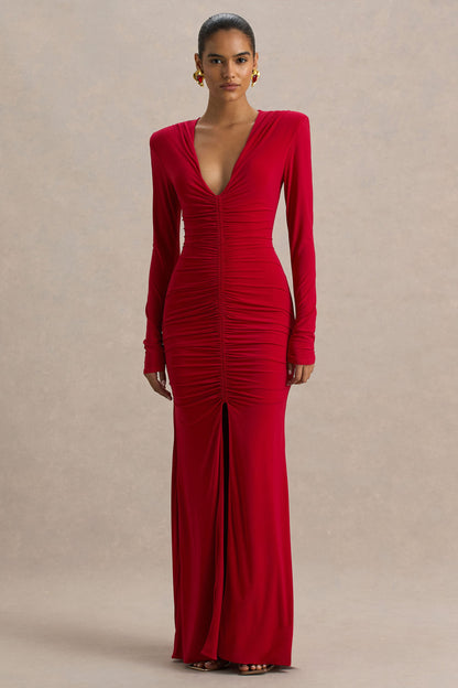 Jewel | Vestido Largo Rojo con Escote Pronunciado Abertura Frontal y Detalles Fruncidos
