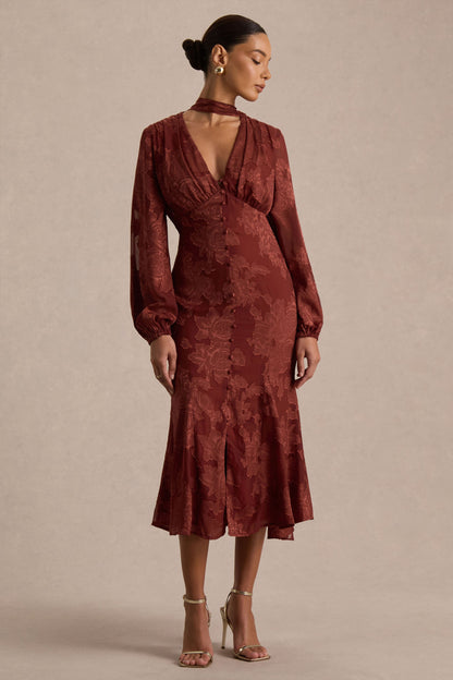 Sabina | Vestido midi devoré color óxido con escote pronunciado