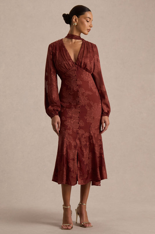 Sabina | Vestido midi devoré color óxido con escote pronunciado