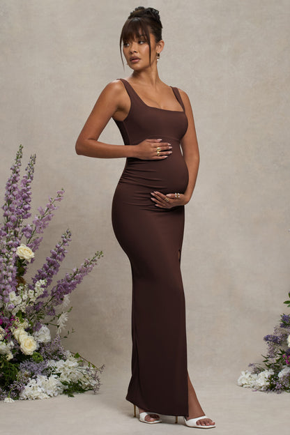Avril | Vestido Largo de Maternidad Marrón con Escote Cuadrado y Abertura