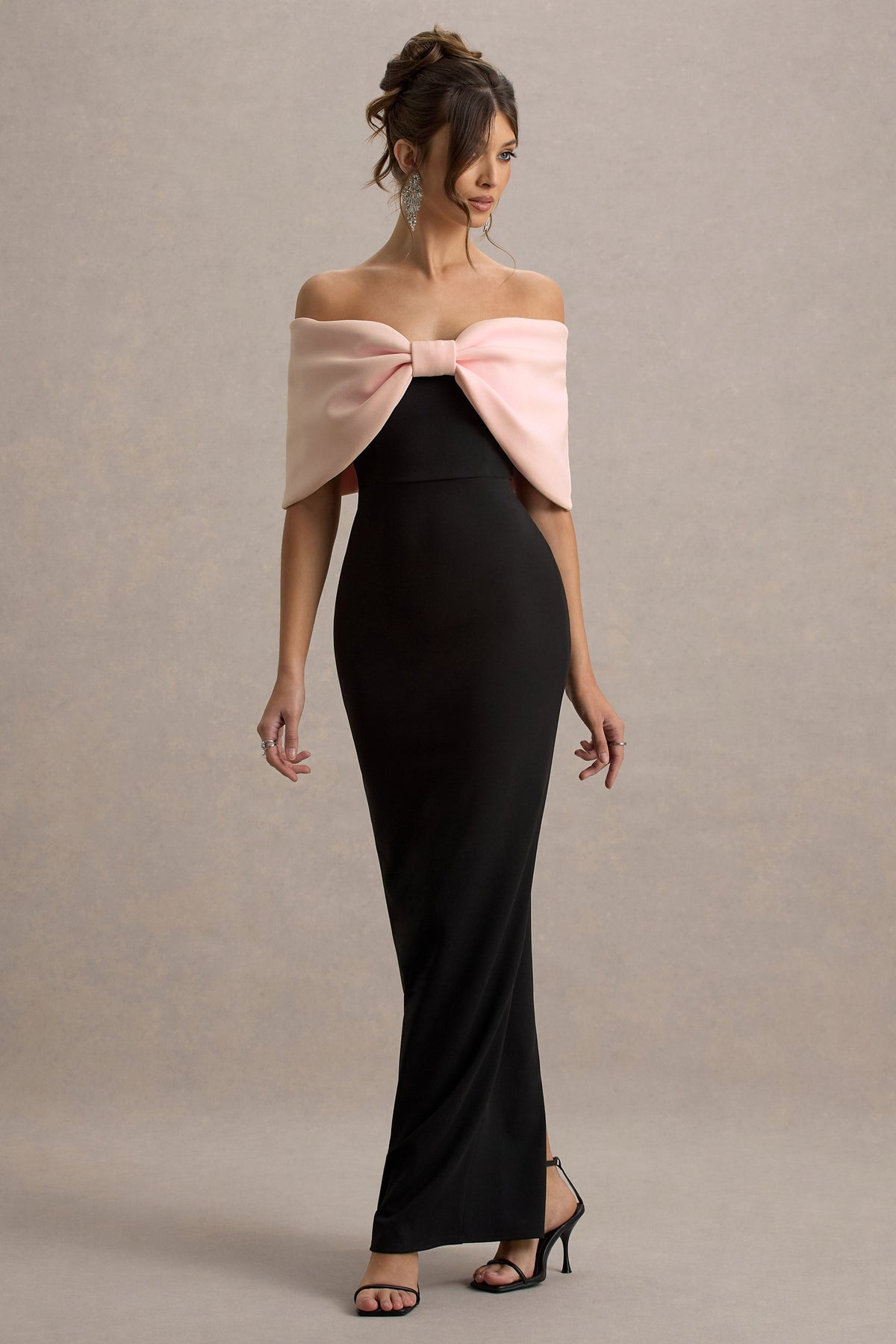 Cornelia | Vestido largo Rosa y Negro Sin Tirantes con Lazo Oversized