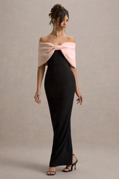 Cornelia | Vestido largo Rosa y Negro Sin Tirantes con Lazo Oversized