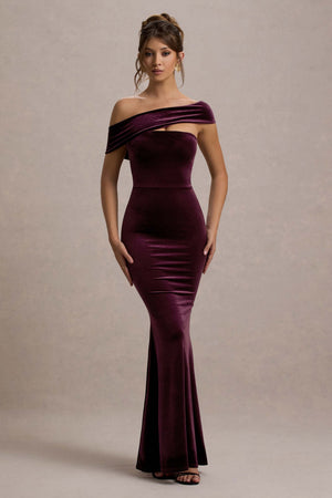 Candela | Vestido largo de Terciopelo morado con Escote Bardot Asimétrico