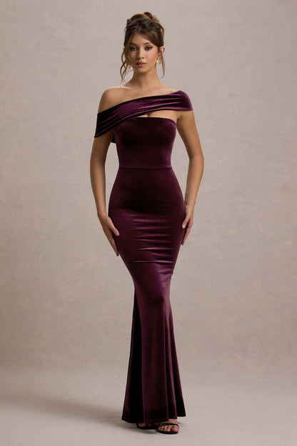Candela | Vestido largo de Terciopelo morado con Escote Bardot Asimétrico