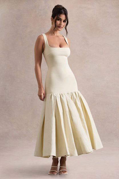 Parida | Vestido midi de popelina en crema con cintura caída y dobladillo con volante