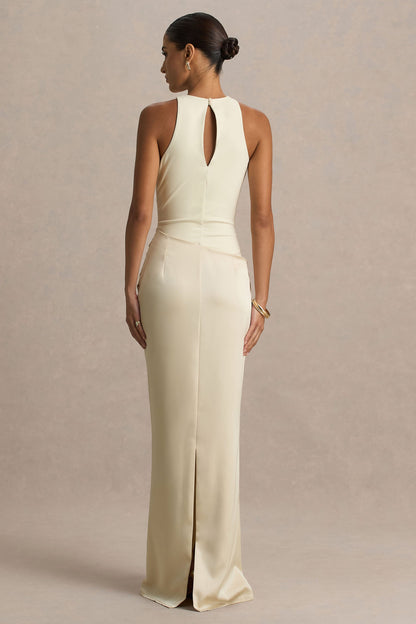 Akari | Vestido Largo Crema de Cuello Redondo con Falda de Satén