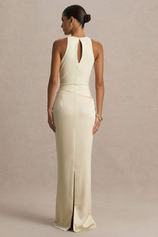 Akari | Vestido Largo Crema de Cuello Redondo con Falda de Satén