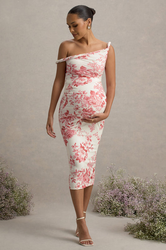 Salome | Vestido Midi de premamá con Estampado Floral Rosa y Escote Asimétrico Torcido