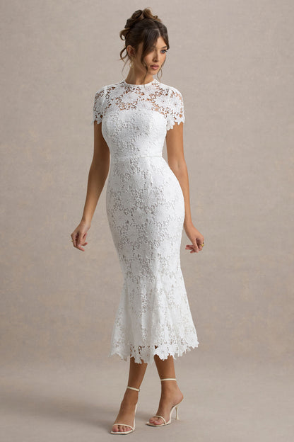 Clarissa | Vestido midi de encaje blanco con mangas cortas