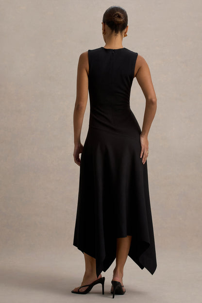 Francesca | Vestido Midi Negro con abertura en el hombro y bajo asimétrico