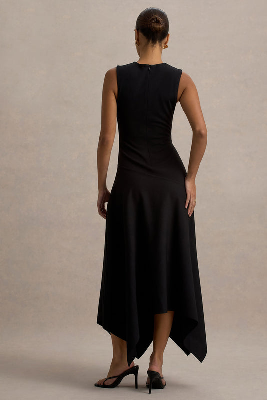 Francesca | Vestido Midi Negro con abertura en el hombro y bajo asimétrico