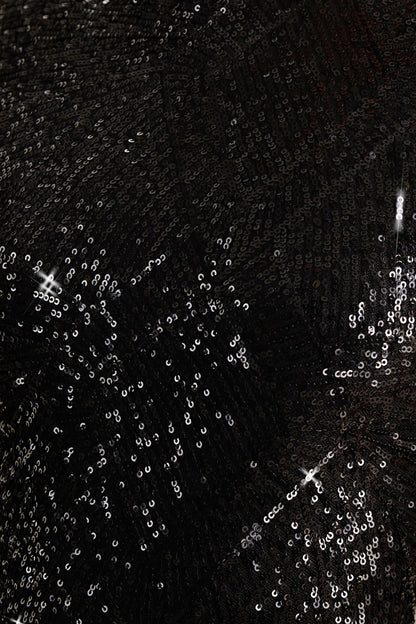 Cecy | Vestido Largo de Lentejuela Negras de Cuello Alto con Manga Casquillo