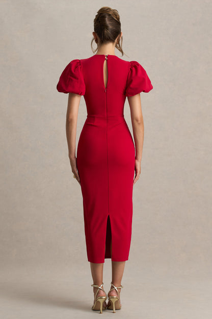 Dakota |  Vestido midi rojo con mangas abullonadas