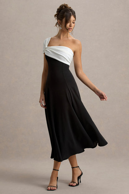 Malta | Vestido Midi Blanco y Negro con Un Solo Hombro