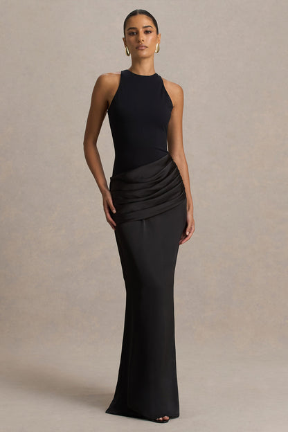 Akari | Vestido largo negro de cuello redondo con falda de satén