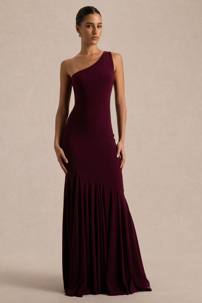 Zya | Vestido largo cola de pez con escote asimétrico en ciruela oscuro
