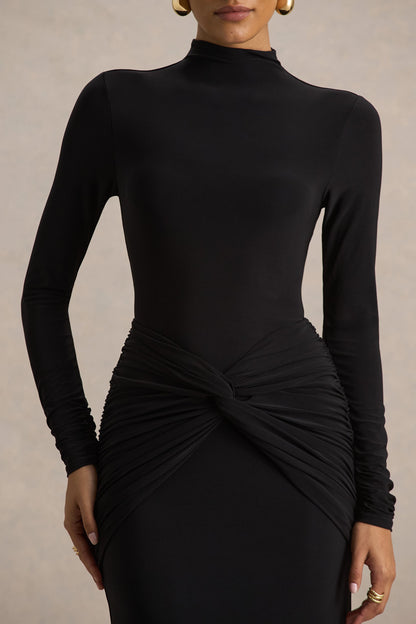 Alula | Vestido Largo Negro con Escote Alto y Detalle de Nudo