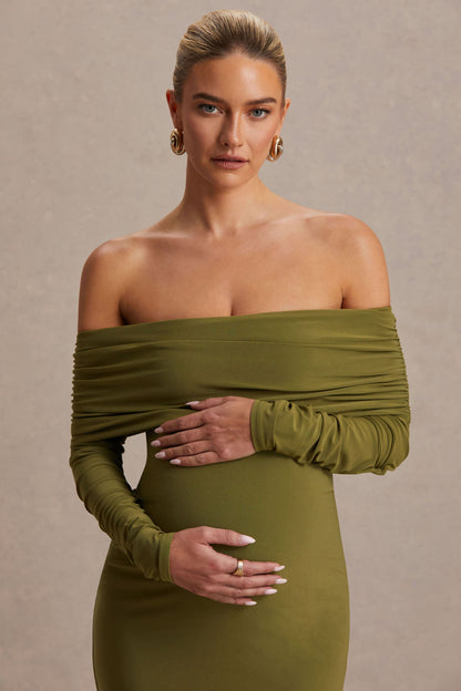 Elspeth | Vestido Midi Premamá con Escote Bardot, Color Oliva