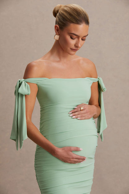 Chandelier | Vestido Midi premamá en verde Claro con Escote Bardot y Detalles de Lazo