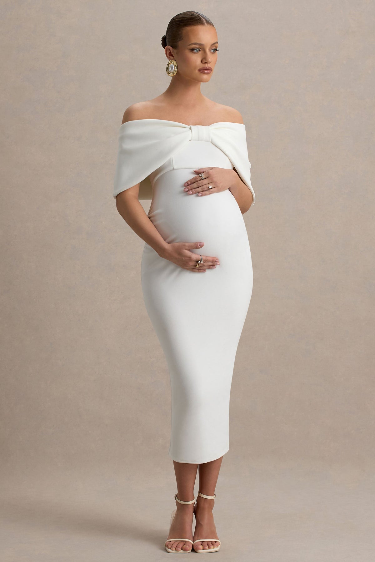 Droplet | Vestido Midi de Premamá Blanco con Lazo y Escote Bardot